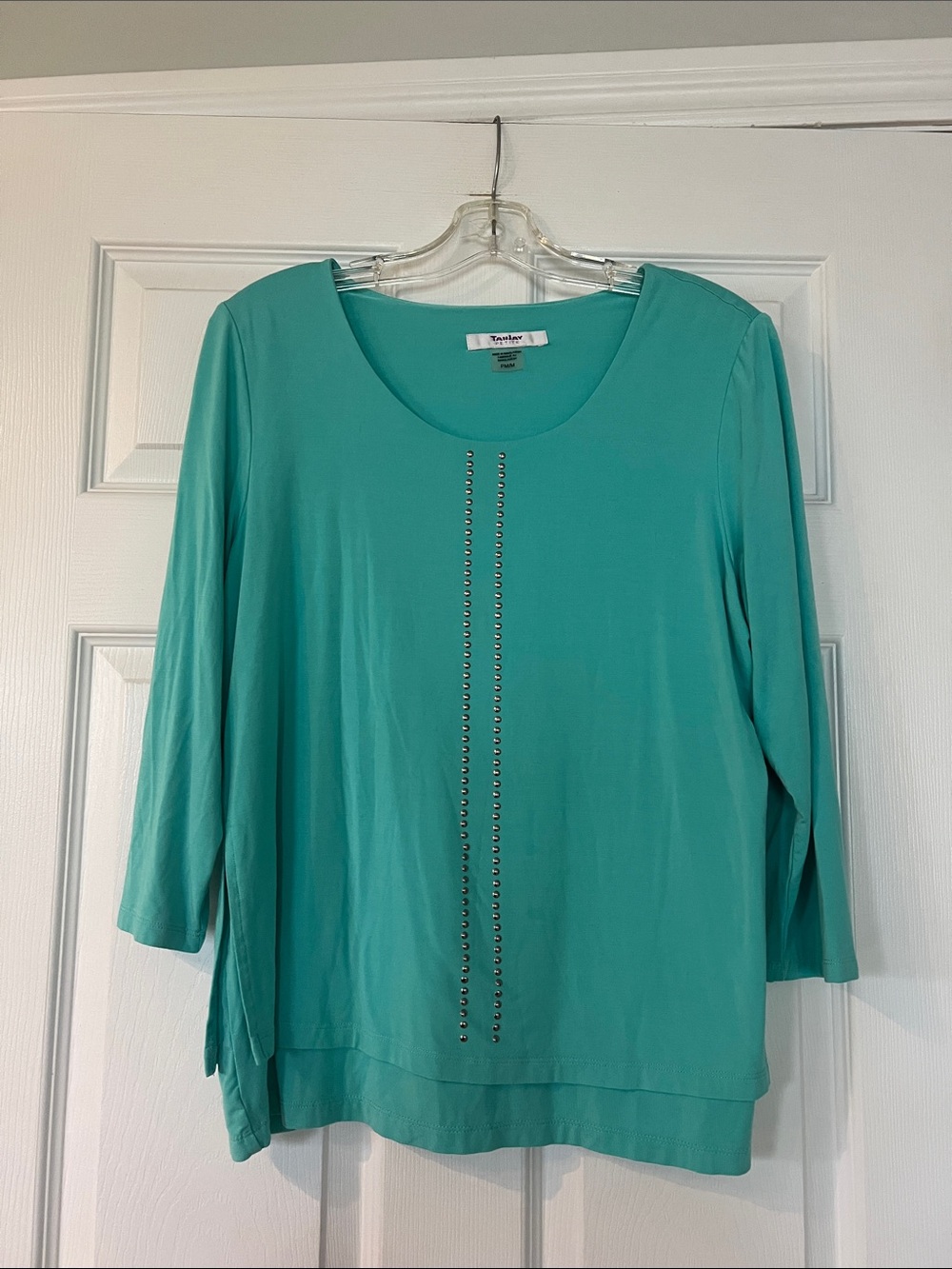 TanJay Teal Scoop Neck Long Sleeve Top with Stud Detail